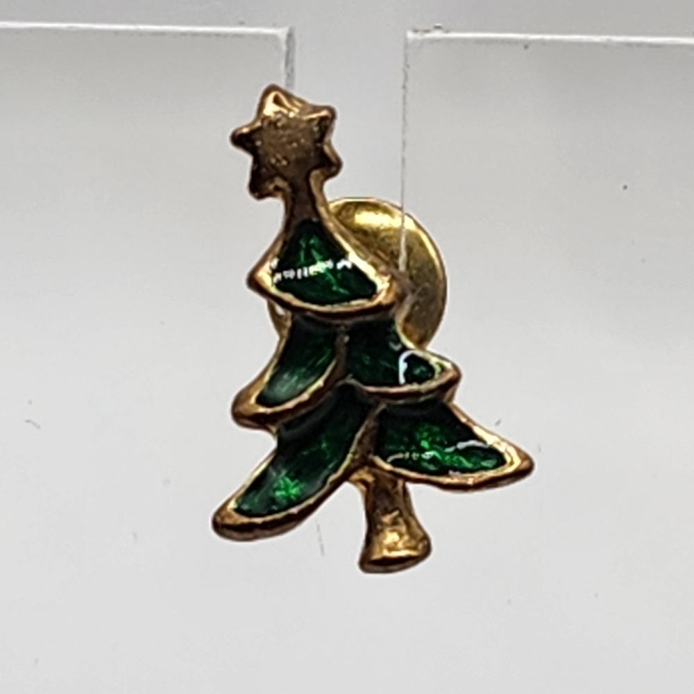 Christmas Tree Earrings Green & Gold Pierced - Picture 4 of 6